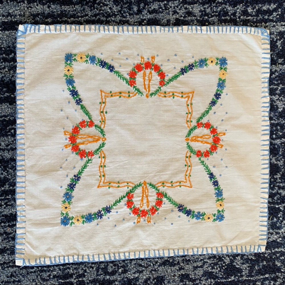 Vintage European hand embroidered floral linen square doilie